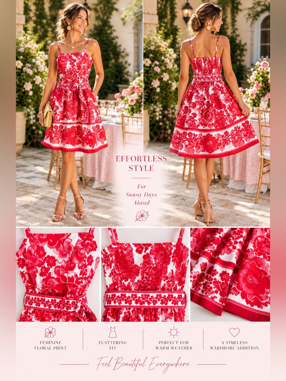 Joie NWT 🌸 Red & White Floral Belted Sundress